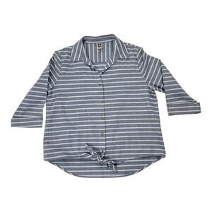 Anne Klein Blue White Stripe Button Up Tie Front Blouse 3/4 Sleeve Women's Large